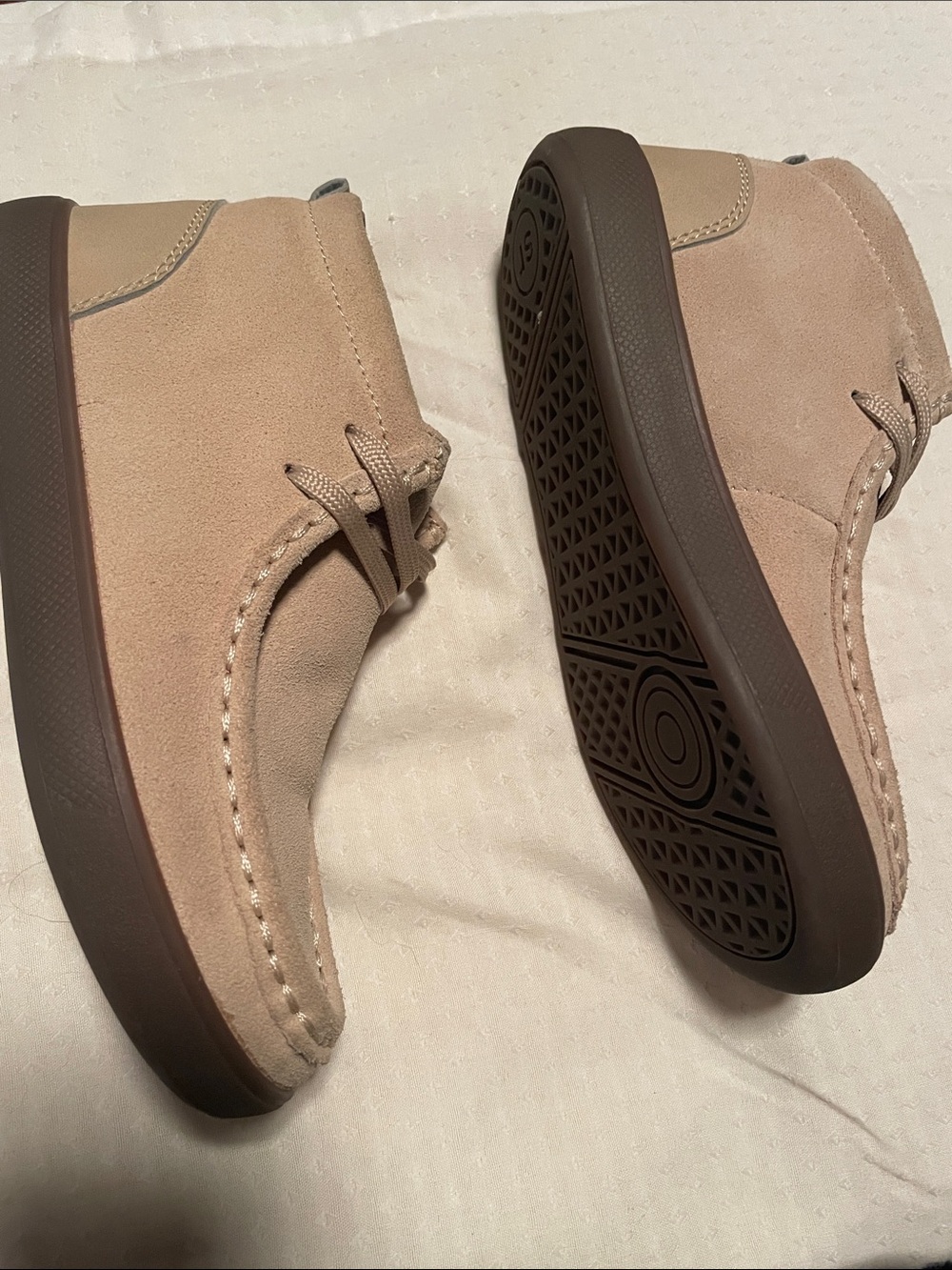 Stride Rite Kids Suede Boots in Light Tan with Brown Soles. Wally style.